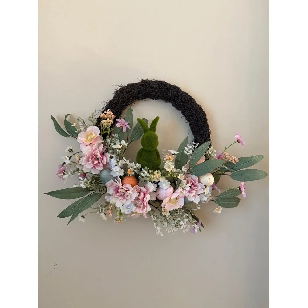 Easter Bunny Floral Wreath Moss Bunny Pastel Eggs Pink Flowers Spring Wall Door